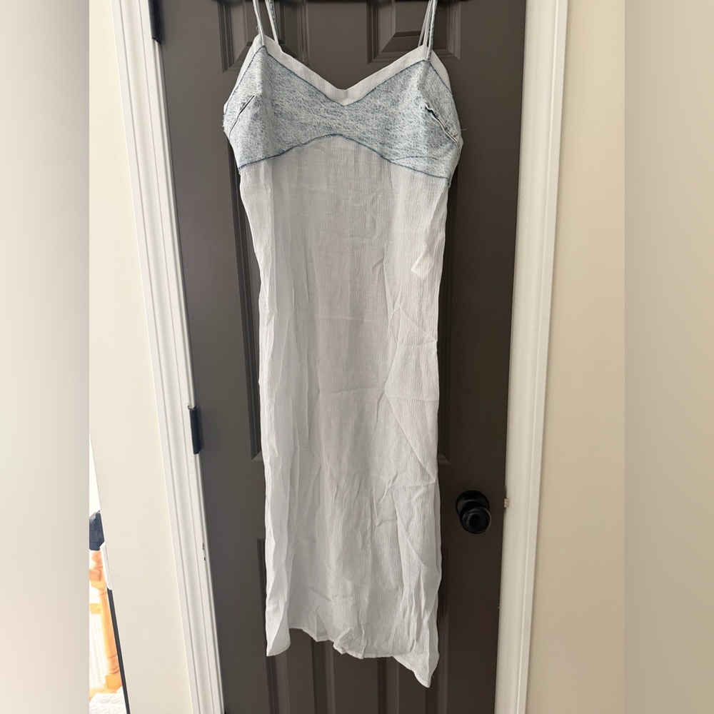 Zara sheer overlay dress with denim v-neck top
